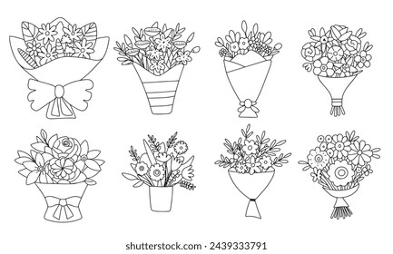 Collection of bouquet in doodle style. Hand drawn vector art.