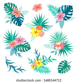 Collection of bouquets and compositions of palm leaves and tropical flowers, Hawaiian style, vector summer set