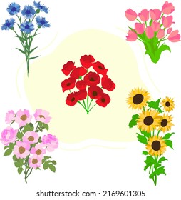 A collection of bouquets of flowers. Tulips, rosehip flowers, sunflowers and poppies. Flat vector illustration