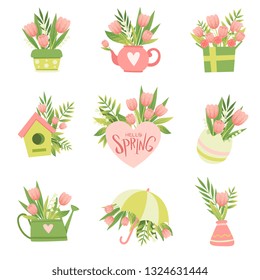 Collection of Bouquets of Pink Flowers, Hello Spring Floral Design Template Vector Illustration