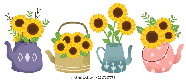 The collection of bouquets of sunflowers in the teapot set. Graphic resource about flower with the teapot set for graphic, content, banner, sticker label and greeting card