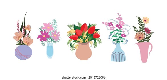 Collection of bouquets of wild and garden blooming flowers isolated on white background. A bunch of bouquets. Set of decorative floral design elements. Vector flat cartoon illustration