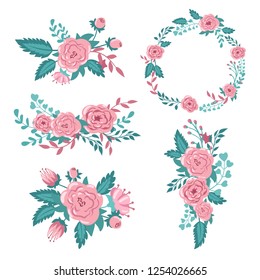 Collection of bouquets and wreaths of pink flowers and leaves. Vector set