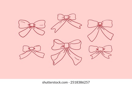 Coleção de ícones de arco em estilo de esboço retrô. Ilustração de contorno de vetor de várias fitas cor-de-rosa. Clipart desenhado à mão em coquette estética