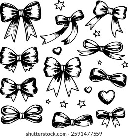 A collection of bow illustrations with varying styles and textures, along with hearts and stars, in black and white.