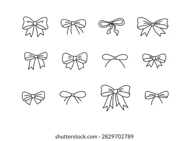 A collection of bow outlines with hand drawn ribbons for holiday cards, gift wrapping, invitations, stickers, and Christmas decorations