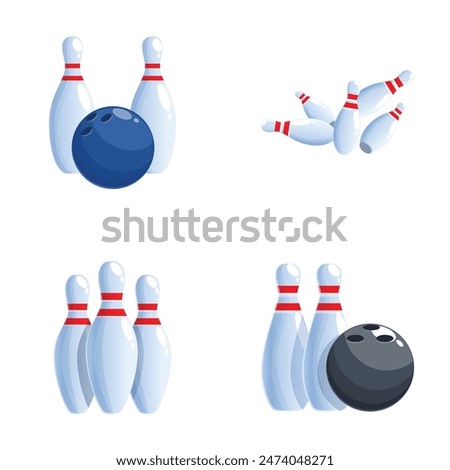 Collection of bowling pins and ball in various arrangements, perfect for leisure and sports designs