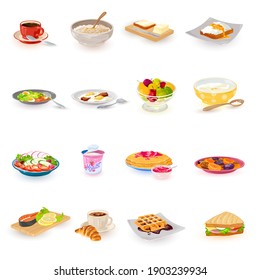 Collection of bowls filled with sweet snacks, coffee, nutritional salmon, veggies and sandwiches. Vector first meal of day and calories for energy idea isolated on white background