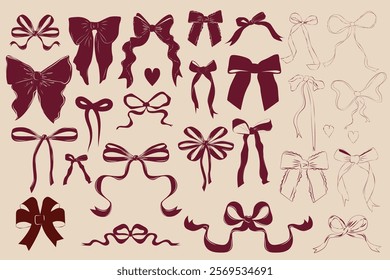 Collection of bows for decoration greeting or invitation card. Holiday decoration. Editable vector illustration.