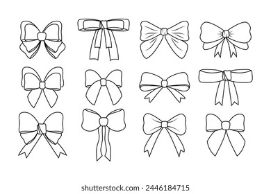 Collection of bows in hand drawn style. Item of decoration and wardrobe. Tie. Vector illustration. Doodle. A set of items for holiday and celebration. Isolated. White background. Knot. Gift bow