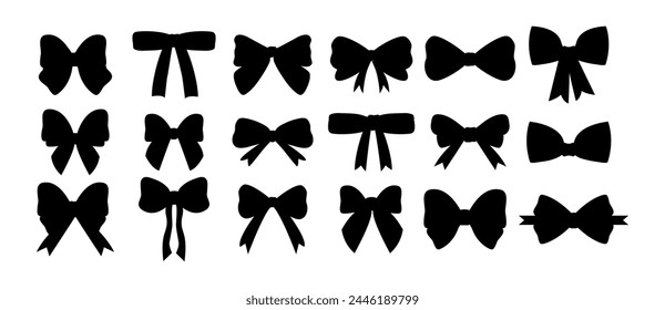 Colección de arcos en estilo dibujado a mano en negro. Objeto de decoración y armario. Corbata. Ilustración vectorial. Doodle. fiesta y celebración. Aislado. Fondo blanco. Nudo. Conjunto de cinta de regalo negro 