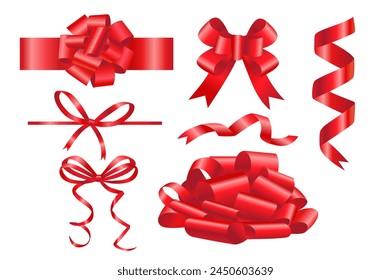 A collection of bows and ribbons mockups in realistic 3d design. An image of red festive bows and ribbons suitable for decorating gifts and more on a white background. Vector illustration.