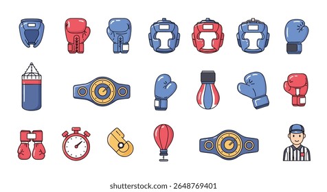 Collection of boxing equipment and referee symbolizing the sport of boxing fighting discipline