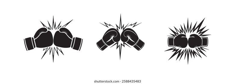 Collection of boxing gloves impact icons with energy bursts perfect for sports competition fighting strength and martial arts themes isolated on white background