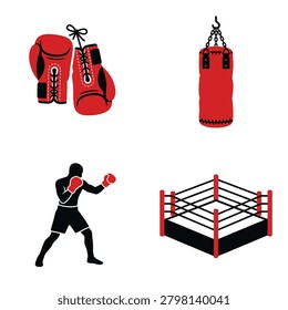 A collection of boxing themed icons featuring red gloves a heavy punching bag a professional ring and a male boxer silhouette in a fighting stance