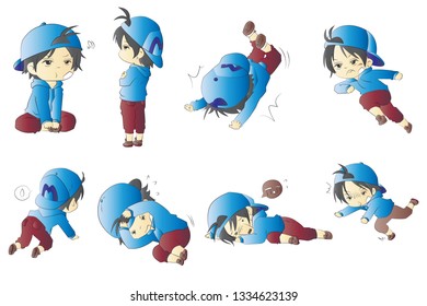 Collection of Boy with different emotions. Flat cartoon characters. Colored vector illustration.