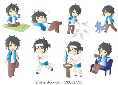 Collection of Boy with different emotions. Flat cartoon characters. Colored vector illustration.