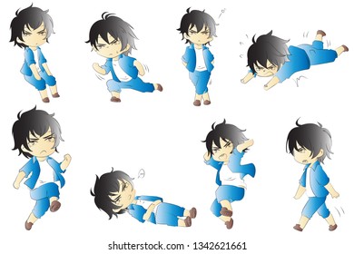 Collection of Boy with different emotions. Flat cartoon characters. Colored vector illustration.