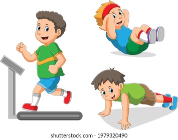 The collection of the boy doing the different sports of the illustration