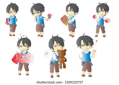 Collection of boy fall in love with different emotions. Flat cartoon characters. Colored vector illustration.