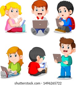 Collection of boy and girl studying with laptop and tablet