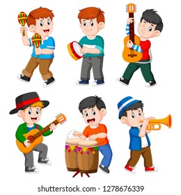 the collection of the boy playing with the different musical instrument