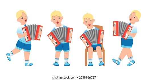 A collection of a boy in various poses with an accordion. Flat illustration. Vector. Cartoon illustration. Can be used for collage in web design.