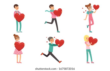 Collection of Boys and Girls with Red Hearts, Happy Teenagers Celebrating Valentine s Day Vector Illustration