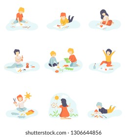 Collection of Boys and Girls Sitting on Floor Painting, Cutting with Scssors, Drawing with Pencils, Modelling from Plasticine, Kids Creativity, Education, Development Vector Illustration