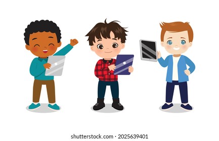 Collection of boys playing with gadget. Flat vector cartoon design