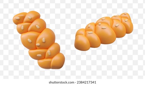 Collection of braided bread in different positions. Delicious baked bread with seeds. Model of food for bakery or store selling bread. Vector illustration in 3d style