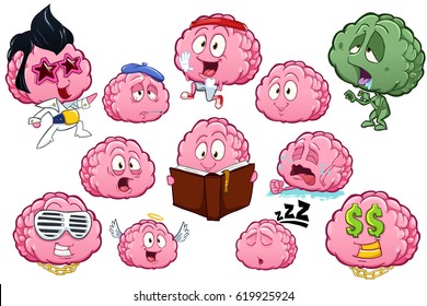 Collection of brain character with different emotions isolated on white background