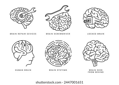 colección de diseño de íconos de ingeniería cerebral Ilustración vectorial de Plantilla lineal negra sobre fondo blanco. 