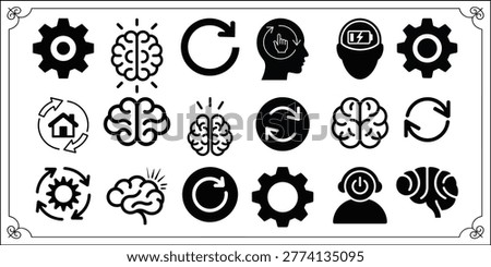 Collection of brain, gear, and refresh symbols illustrating concepts of mental reboot, cognitive function, and technology integration in a vector format.