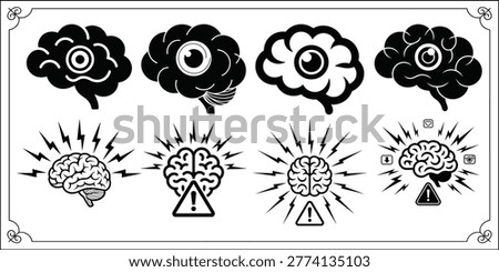 Collection of brain icons featuring eyes and radiating lightning bolts representing intelligence cognitive processes stress and overload