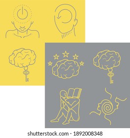 Collection of brain icons isolated on a contrasting background. Yellow and gray  abstraction icons of genius, self-knowledge, reboot, thinking, idea vector outline icons set 