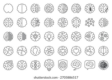 Colección de íconos cerebrales con tecnología, IA y temas científicos, ideal para proyectos de innovación, inteligencia digital y redes neuronales, aislados en Ilustración vectorial de fondo blanco