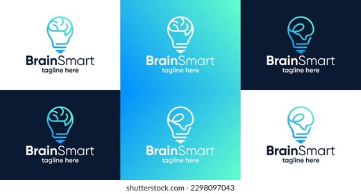 Collection of brain logo design with light bulb graphic design vector illustration.  Smart brain symbol, icon, creative.