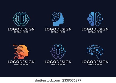 Colección de diseño del logo de la tecnología del cerebro, conexión del cerebro, concepto del logotipo digital del cerebro.