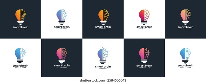 Collection of brain tissue and light bulb technology logo designs. Digital technology logo design with combined light bulb and brain vector icon.	