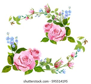 Collection of branch curly pink rose, bouquet with blue flowers forget-me-not, buds, green stems, leaves on white background, digital draw illustration, concept for design, vintage set, vector