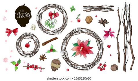 Collection of branch wreathes with seamless brush and christmas doodles. Vector set. For printed materials, prints, posters, cards, logo. Holiday background. Hand drawn decorative natural elements..