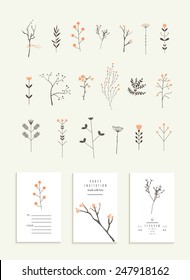 Collection of branches and flowers plus 3 romantic invitations. Wedding, marriage, bridal, birthday, Valentine's day. Isolated. Vector