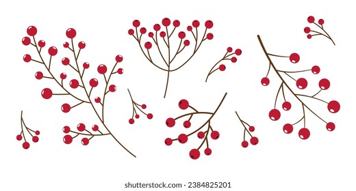 Collection of Branches with red Berries Isolated on white. Winter Christmas Decoration for gift wrapping, wreath, plant garland. Natural element for Design