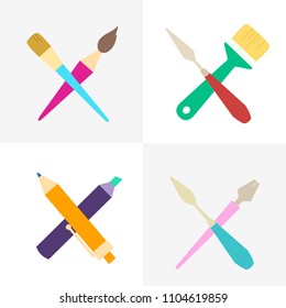 Collection of branded logos for art organizations: schools, studios, companies. Crossed art tools. 