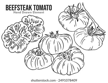A collection of Brandywine tomato designs in black ink. Vector elements on a white background