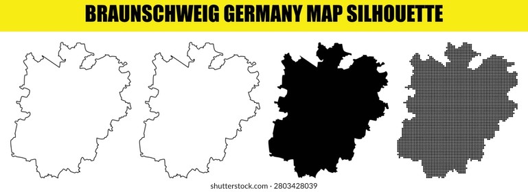 Collection of Braunschweig germany map silhouettes including outline, solid fill, and dot fill versions. Transparent background for easy integration.