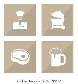 Collection Of Brazier, Chef, Beefsteak And Other Elements.  Set Of 4 Bbq Icons Set. 