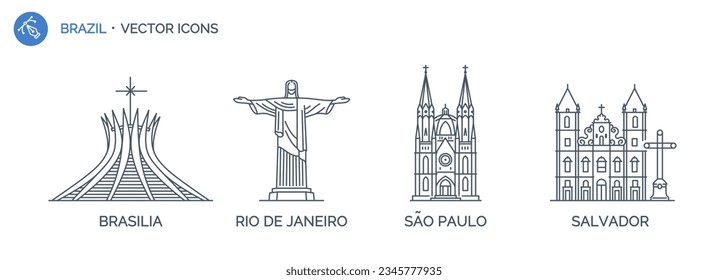 Collection of Brazil city outline icons with urban landmarks. Linear illustration of modern city symbols by BRASILIA, RIO DE JANEIRO, SÃO PAULO, SALVADOR.