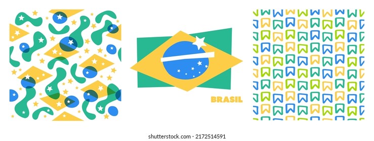 Collection of Brazil design resources. Seamless pattern, country flag concept vector illustration. Country of football, samba and carnival. Green, blue and yellow. Background, texture backdrop repeat